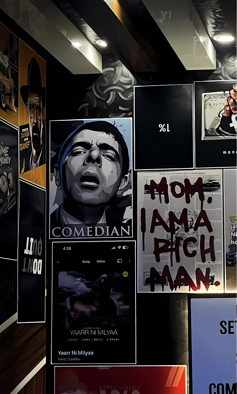 Dark illustrated collage featuring framed monochrome portraits, bold lettering, poster graphics and dramatic black, gray and red tones.