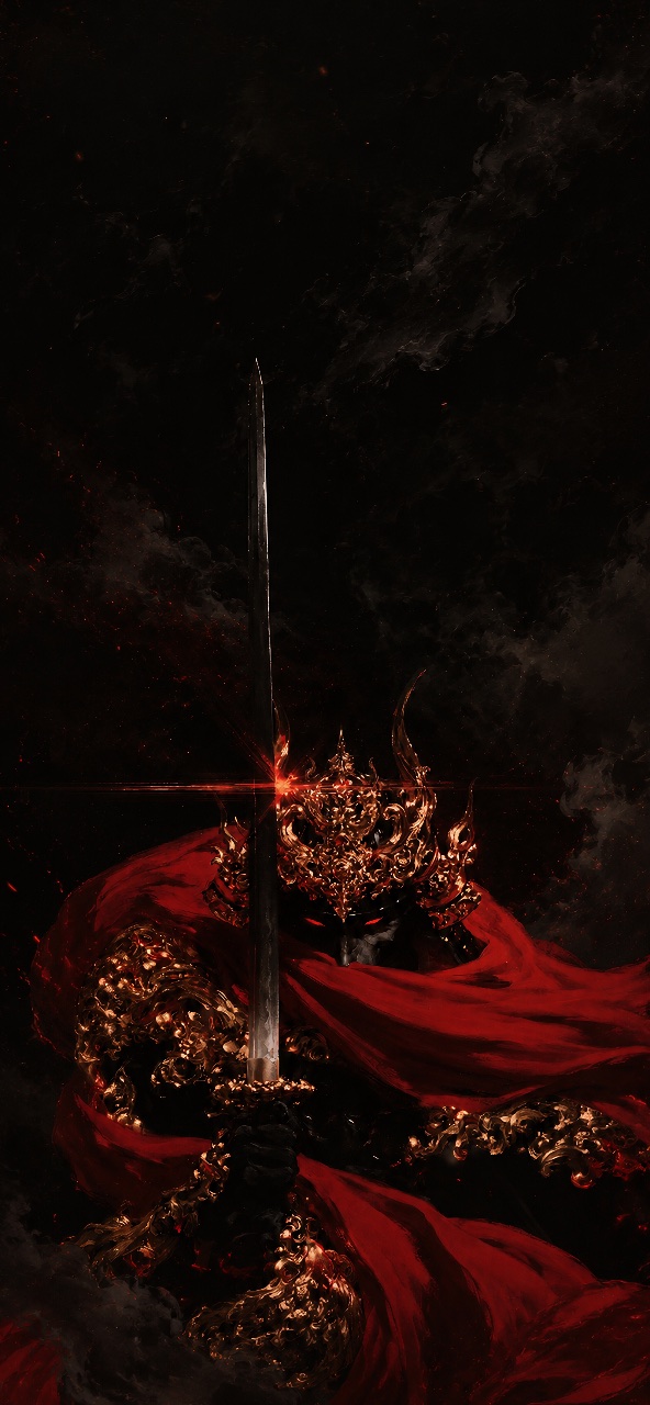 Dark fantasy knight in ornate gold armor holding a sword, surrounded by smoke, red embers, and a flowing crimson cloak.