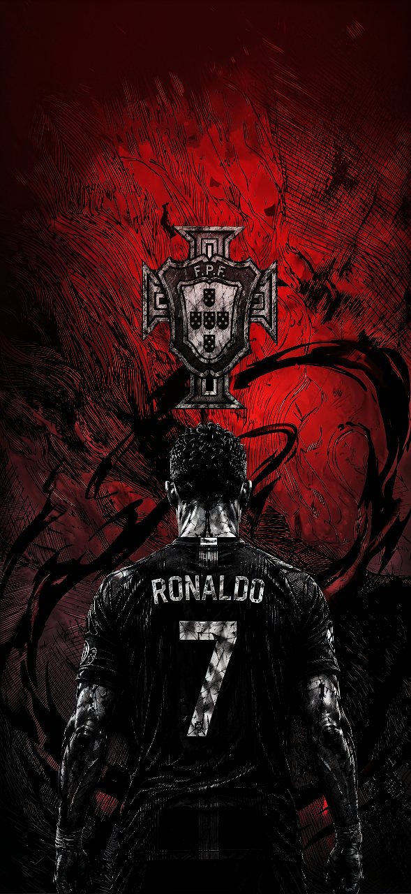 Dark red and black wallpaper showing Ronaldo from behind in a black number 7 jersey, with a large crest above him and illustrated textures in the background.