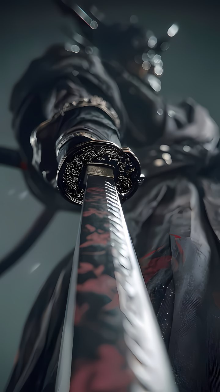 Low-angle dark samurai holding a detailed katana toward the viewer, with blurred armor, red accents, and soft bokeh lights in the background.