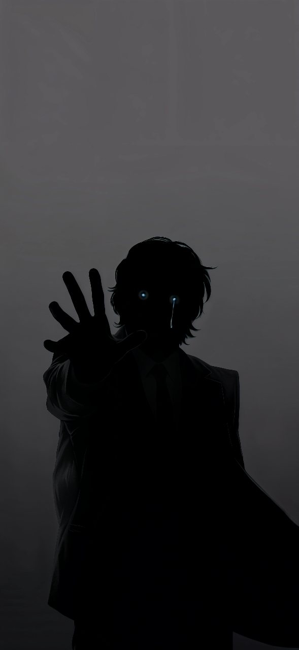 Dark silhouette of a suited figure reaching toward the viewer, with glowing blue eyes and a single tear against a gray background.
