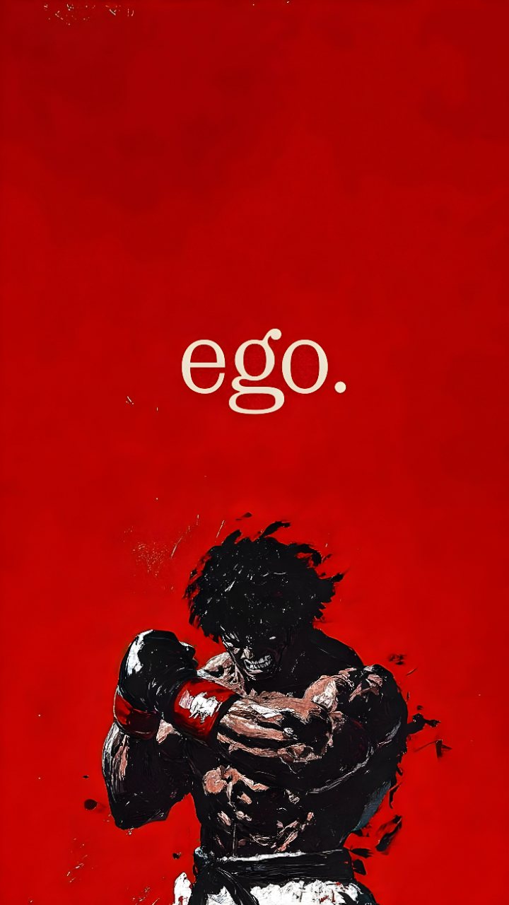 Red phone wallpaper showing a dark anime-style muscular fighter beneath the cream-colored word “ego.”