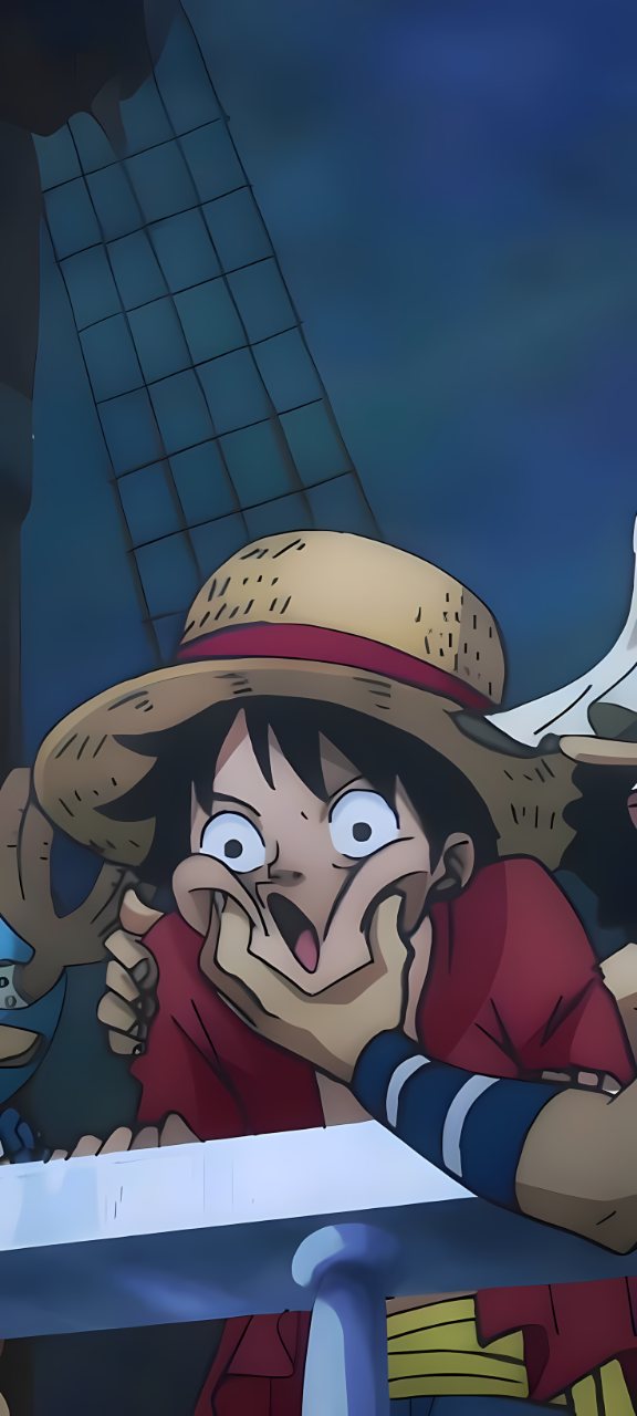 Funny close-up anime illustration of Luffy from One Piece wearing his straw hat and red jacket with an exaggerated grin and wide expressive eyes.