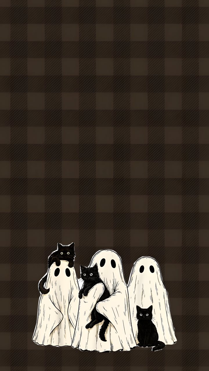 Illustration of three white ghost costumes and four black cats on a dark brown plaid background.