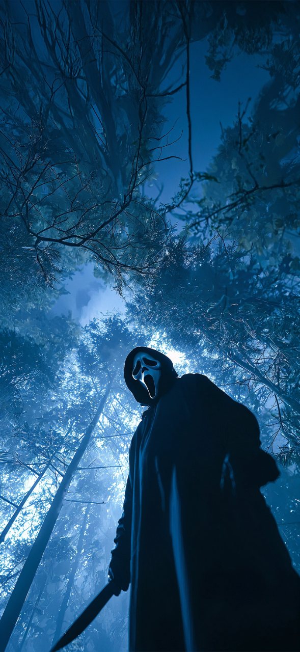 A silhouetted Ghostface figure holding a knife stands in a blue moonlit forest beneath dark tree branches.