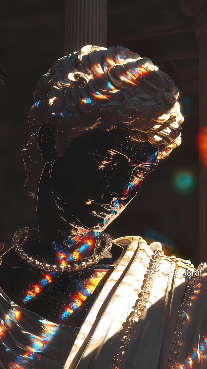 A dark glossy abstract portrait with blue, red, and gold highlights, shown against a shadowy background.
