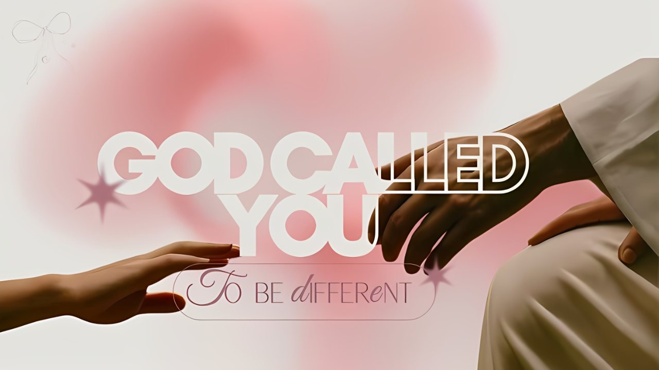 Soft pink motivational design with reaching hands and the text “God called you to be different” in large white and elegant lettering.