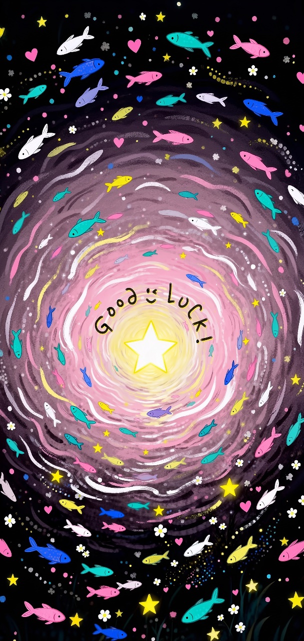 Whimsical colorful fish, stars, hearts, and flowers spiral around a glowing star with the words “Good Luck!” on a dark phone wallpaper.