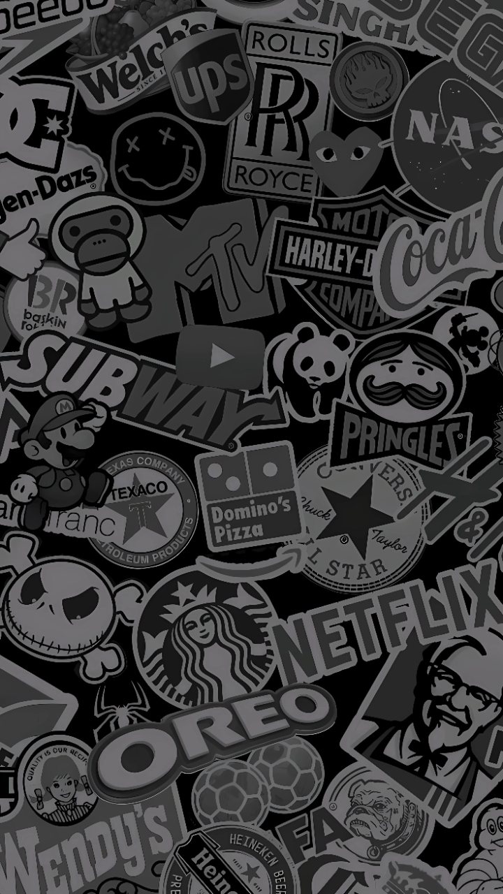 Grayscale sticker collage on a dark background featuring cartoon mascots, bold lettering, graphic symbols, and recognizable brand-style designs.