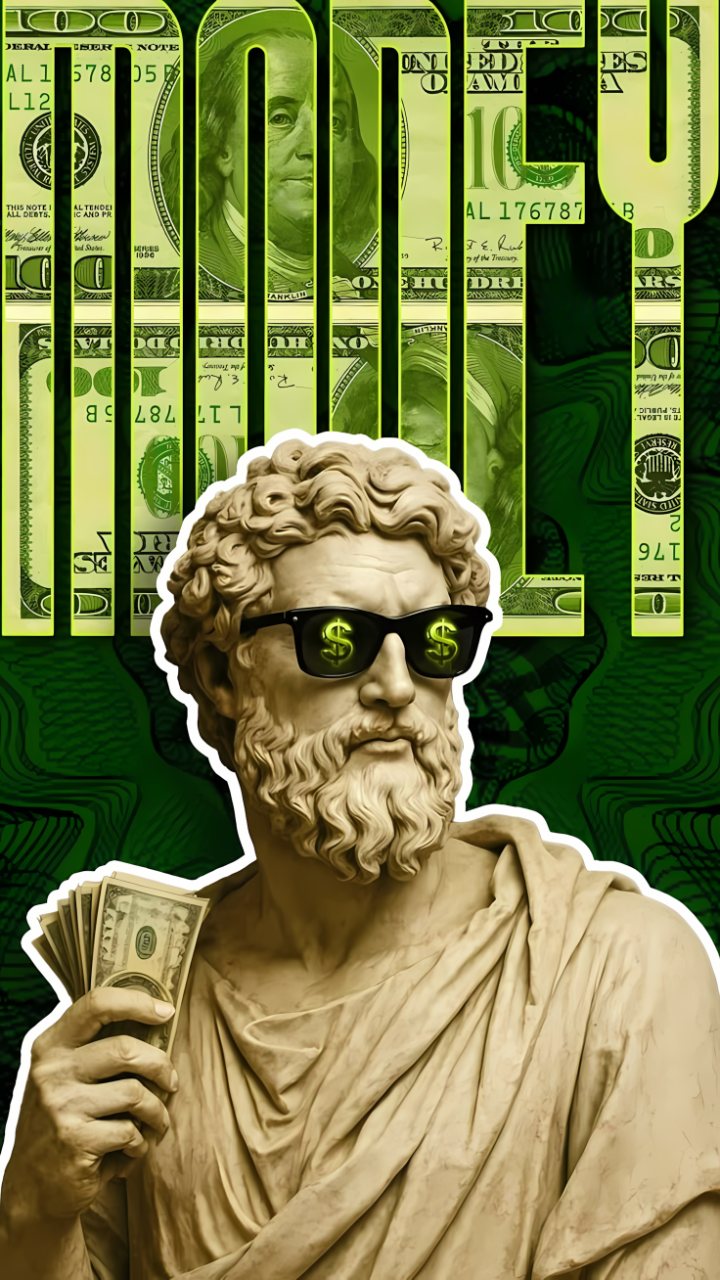 Classical Greek statue wearing black sunglasses and holding cash, set against a green background covered with dollar bills and oversized lettering.