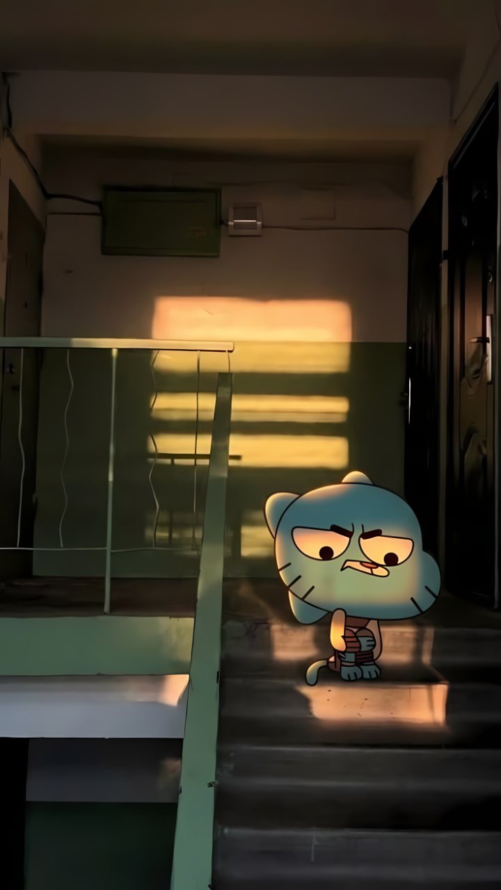 Gumball sits alone on a stairway in a dim interior, illuminated by warm sunlight and long evening shadows.