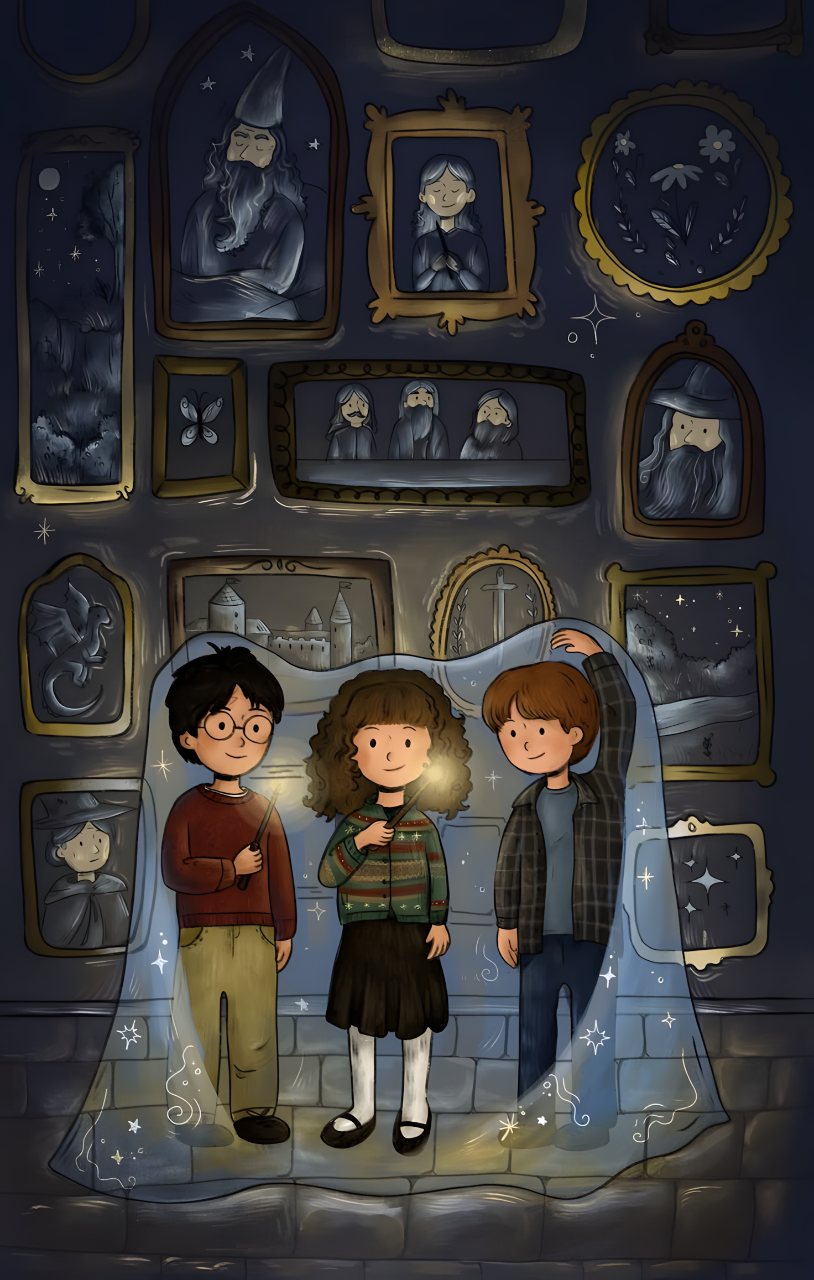 Illustration of Harry, Hermione, and Ron standing beneath a translucent starry cloth, surrounded by dark framed portraits and magical castle scenes.