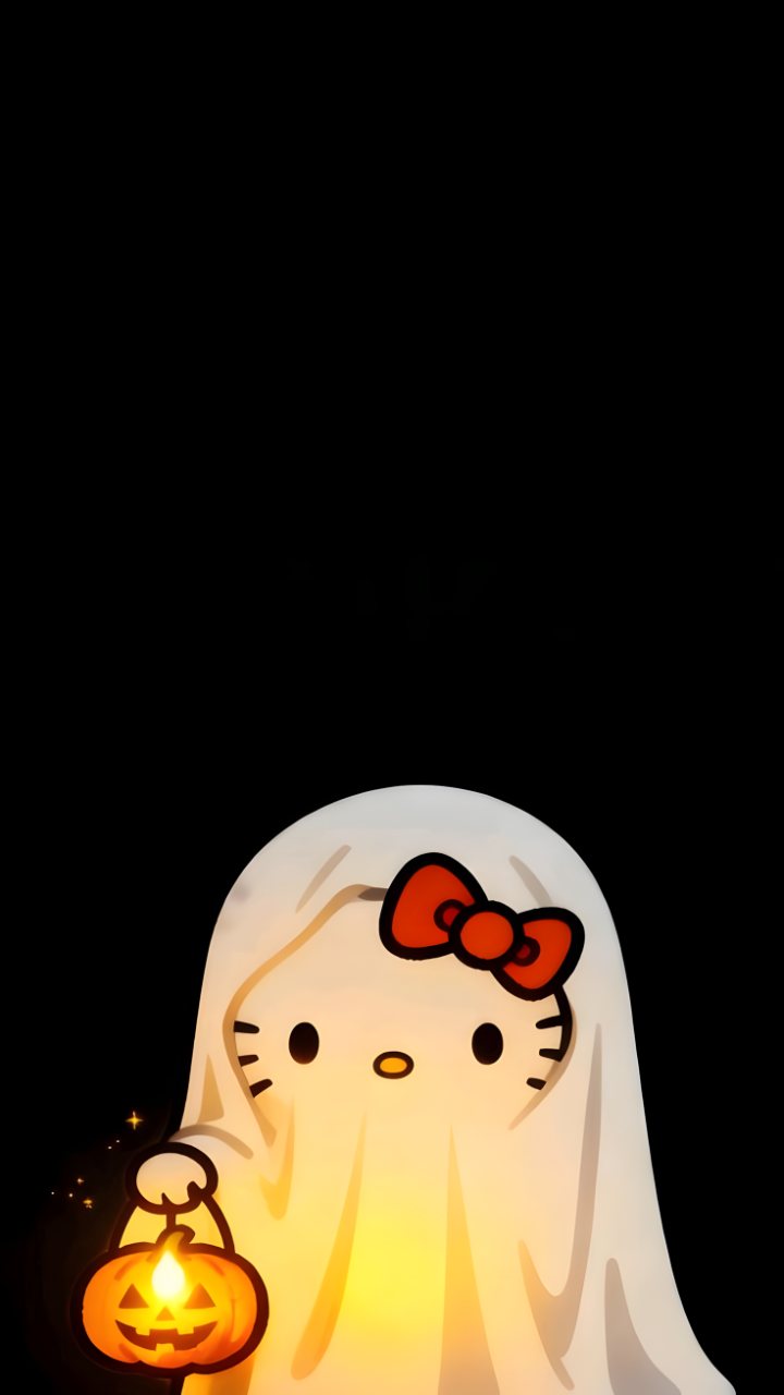 Hello Kitty dressed as a glowing white ghost holds a carved orange pumpkin lantern against a black background.