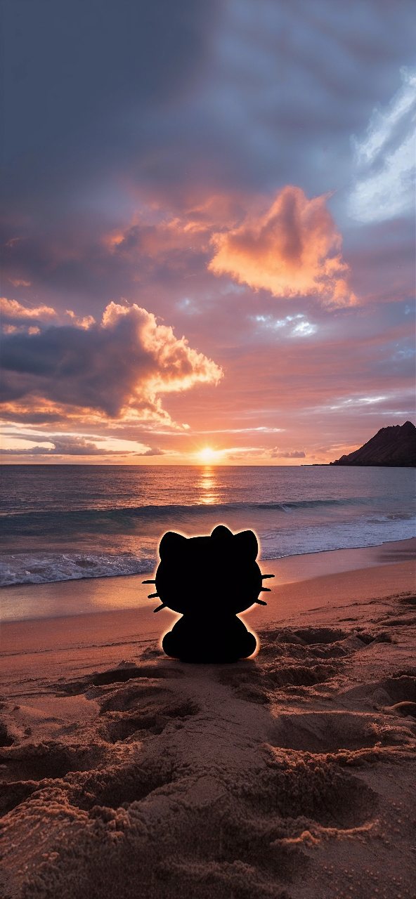A black Hello Kitty silhouette sits on a sandy beach facing a glowing ocean sunset beneath pink and purple clouds.