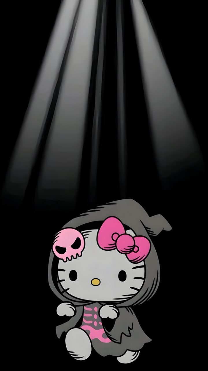 Hello Kitty in a dark hood with a pink skull bow and pink ribcage details, standing against a black background beneath soft gray light beams.