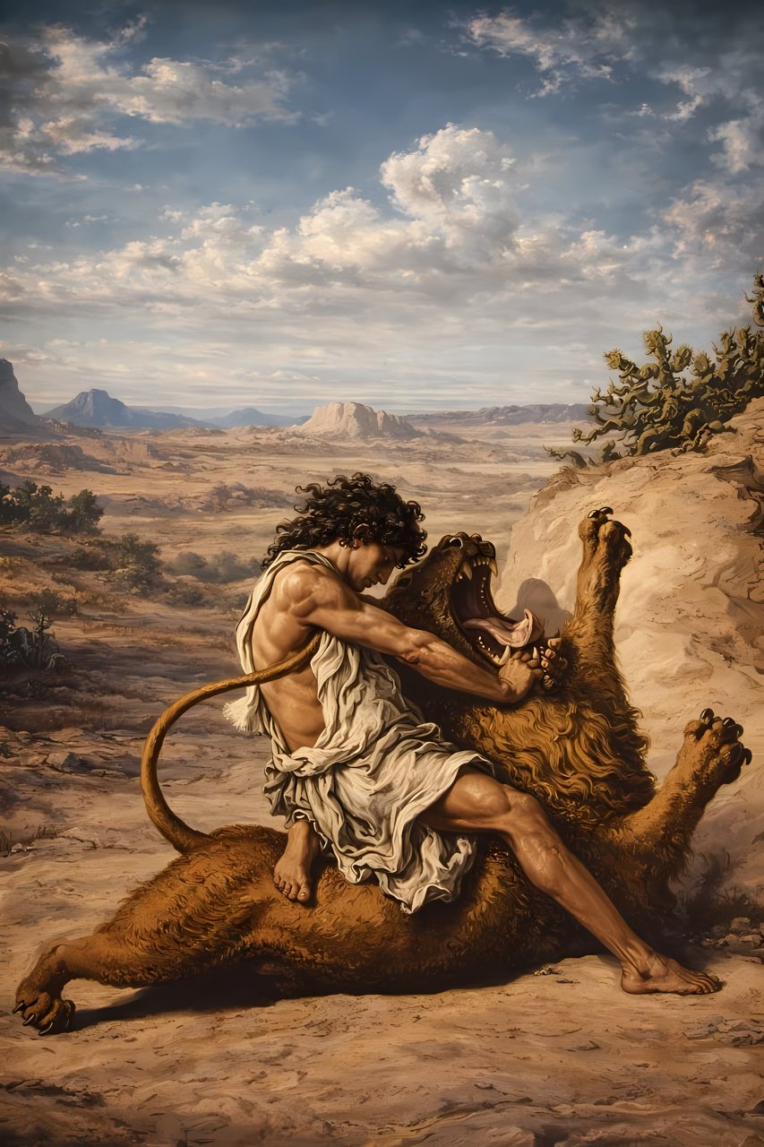 Illustration of Hercules wrestling the Nemean lion in a rugged desert landscape beneath a cloudy sky.