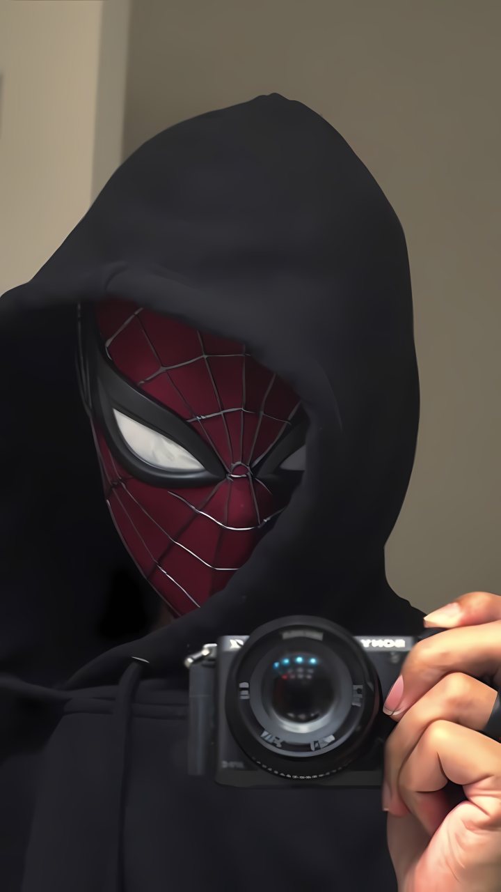A hooded Spider-Man wearing a red webbed mask holds a camera for a close-up mirror-style selfie.