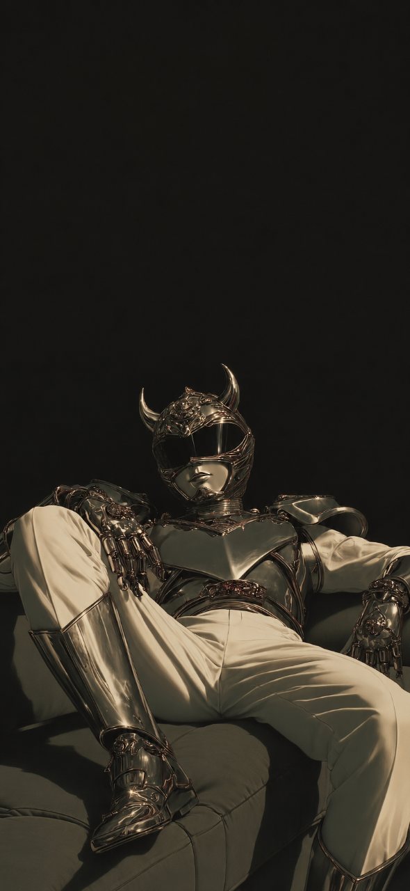 Seated horned chrome armored figure wearing cream clothing against a deep black background with dramatic shadows.