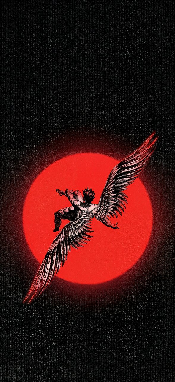 Black illustration of Icarus flying with outstretched wings across a glowing red sun on a dark textured background.