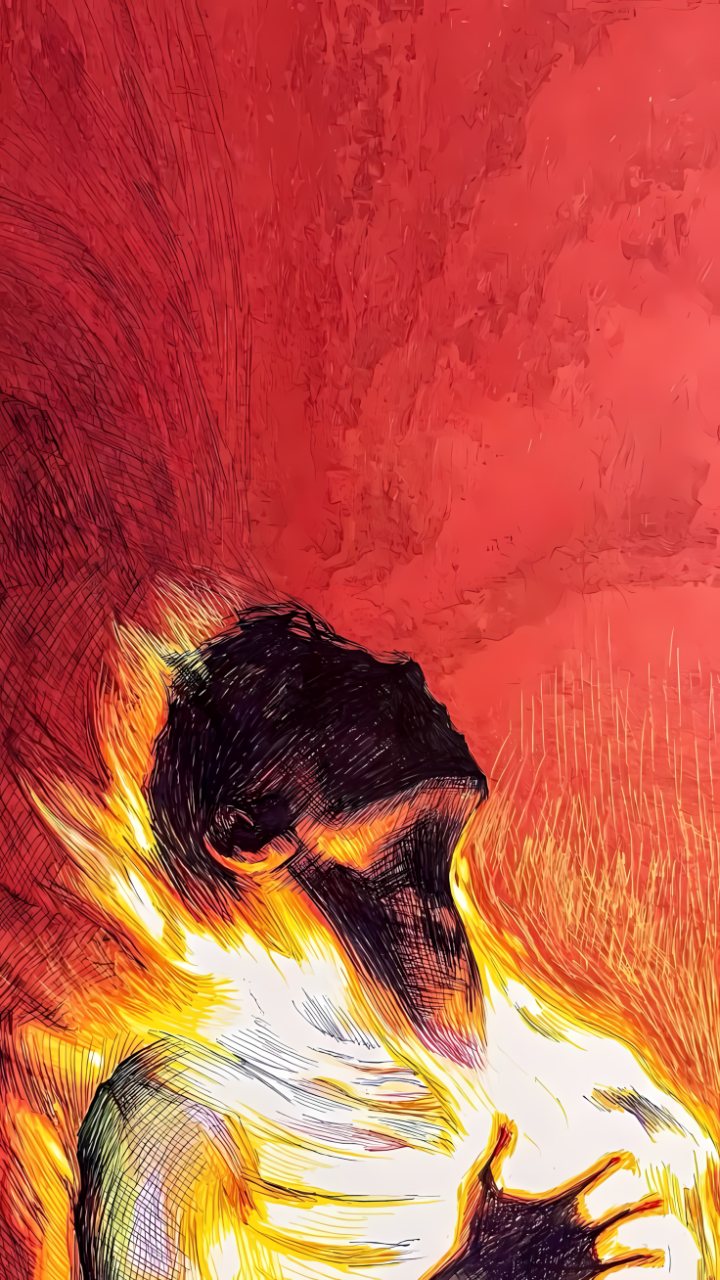 Hand-drawn illustration of a couple embracing beneath a vivid red background, with bright golden and white highlights around them.