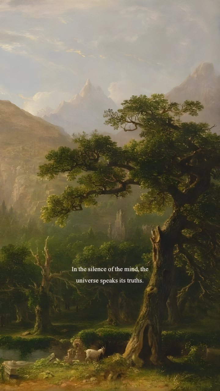 Misty mountains and a large ancient tree overlook a peaceful forest, with the quote “In the silence of the mind, the universe speaks its truths.”