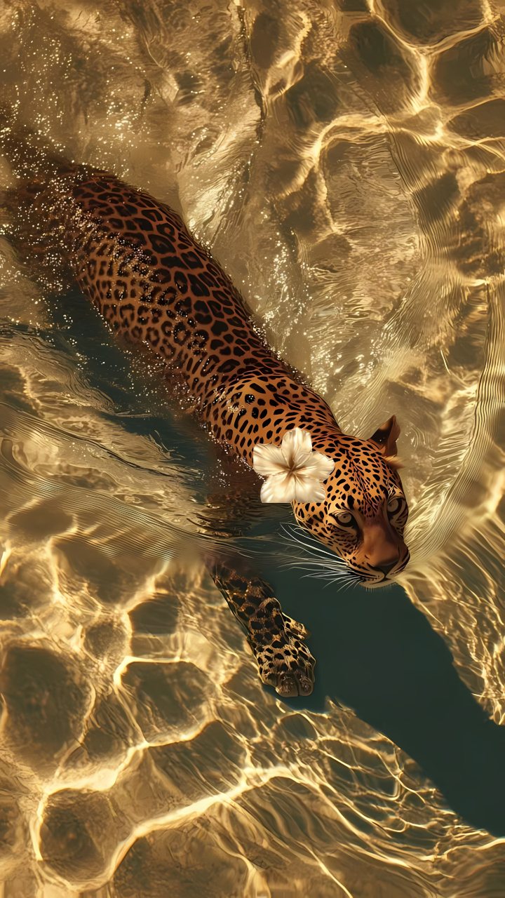 A spotted jaguar swims through shimmering golden water with a pale flower resting on its head.