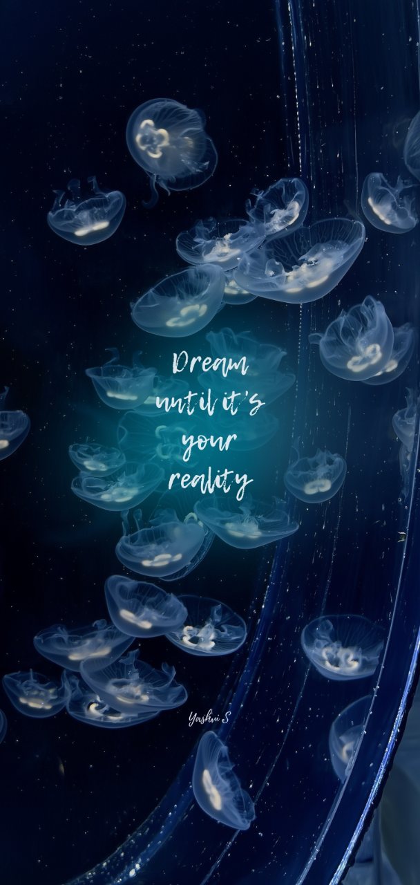 Translucent jellyfish float through dark blue water around the quote “Dream until it’s your reality.”