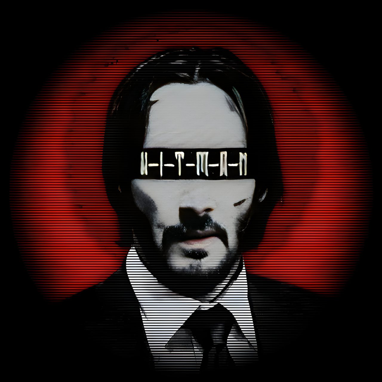 Stylized portrait of John Wick in a black suit with a black blindfold-like band, framed by red horizontal glitch lines on a dark background.