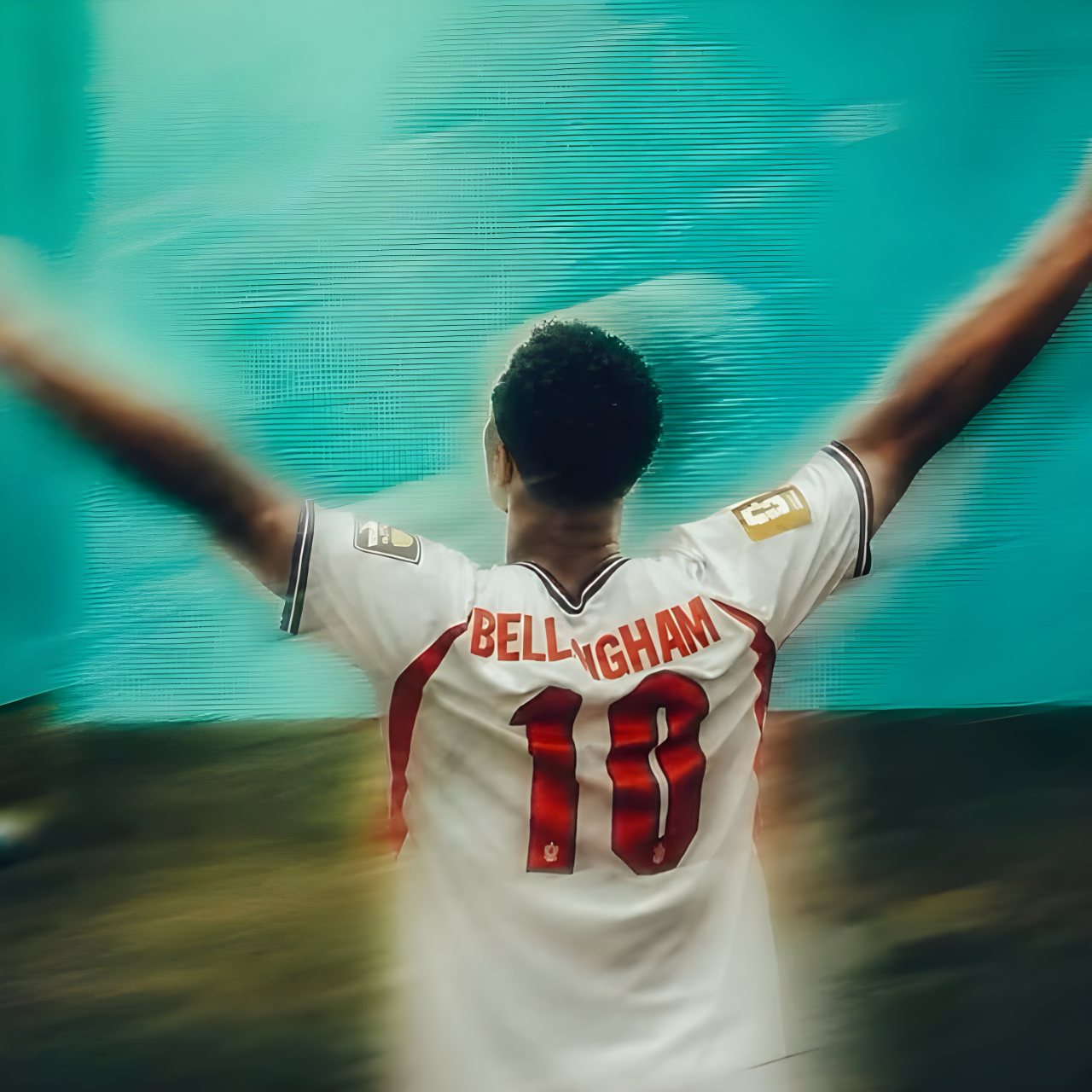 Rear view of Jude Bellingham wearing a number 10 football jersey with his arms raised against a teal glitch-style background.