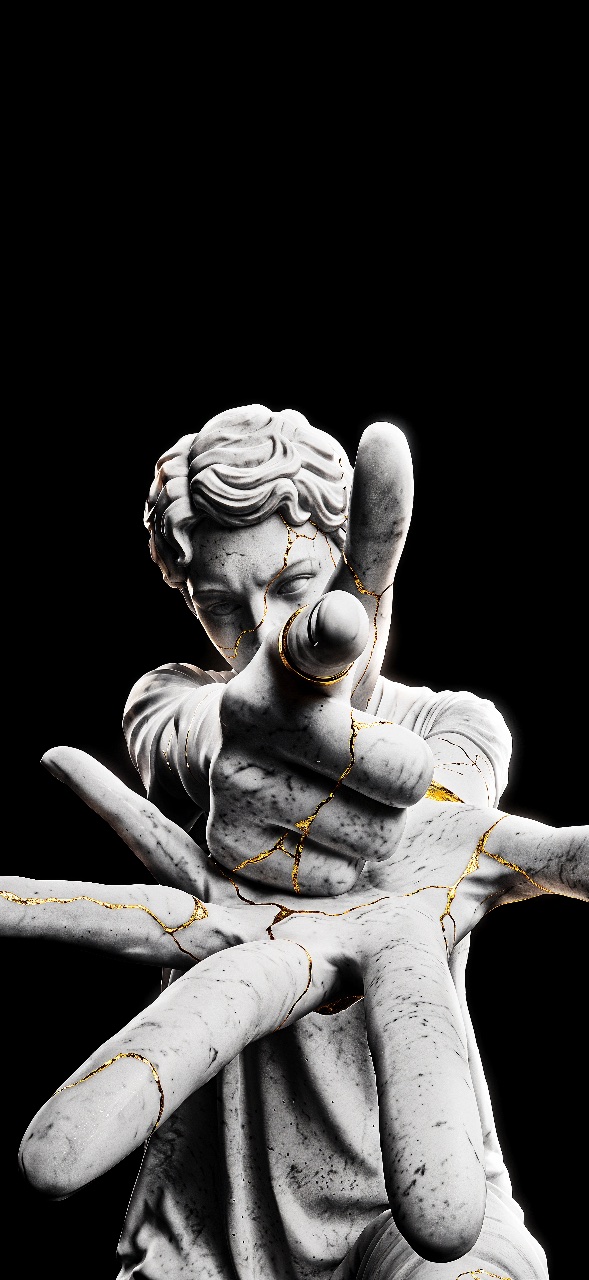 A monochrome marble statue with golden cracks points toward the viewer against a plain black background.