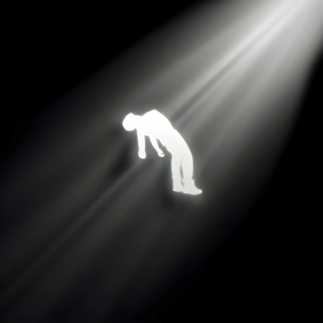 A glowing white kneeling figure appears beneath a strong diagonal beam of light against a dark black-and-gray background.