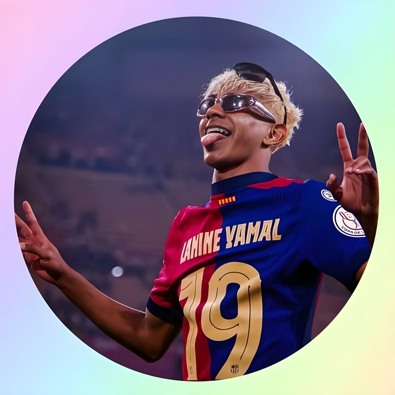 Lamine Yamal wearing a Barcelona number 19 jersey and sunglasses, celebrating with raised hands inside a dark circular frame.