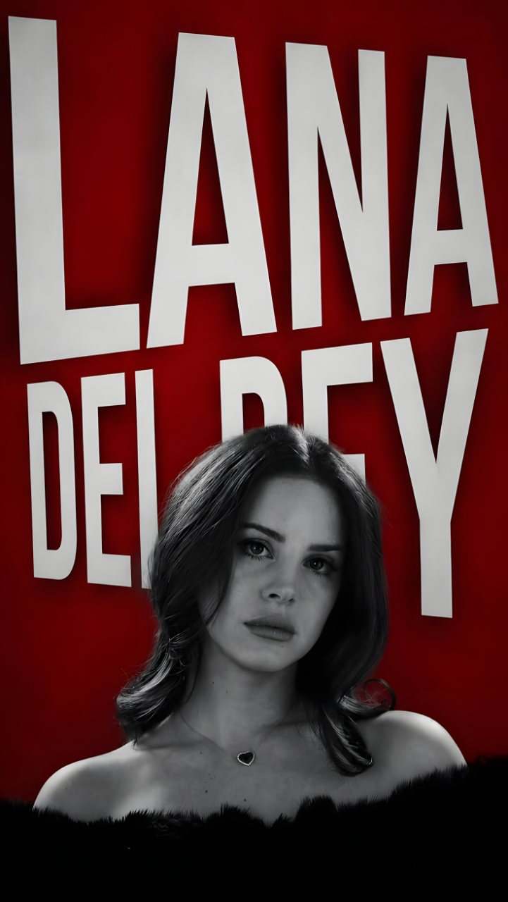 Black-and-white portrait of Lana Del Rey in front of oversized white Lana Del Rey lettering on a deep red background.