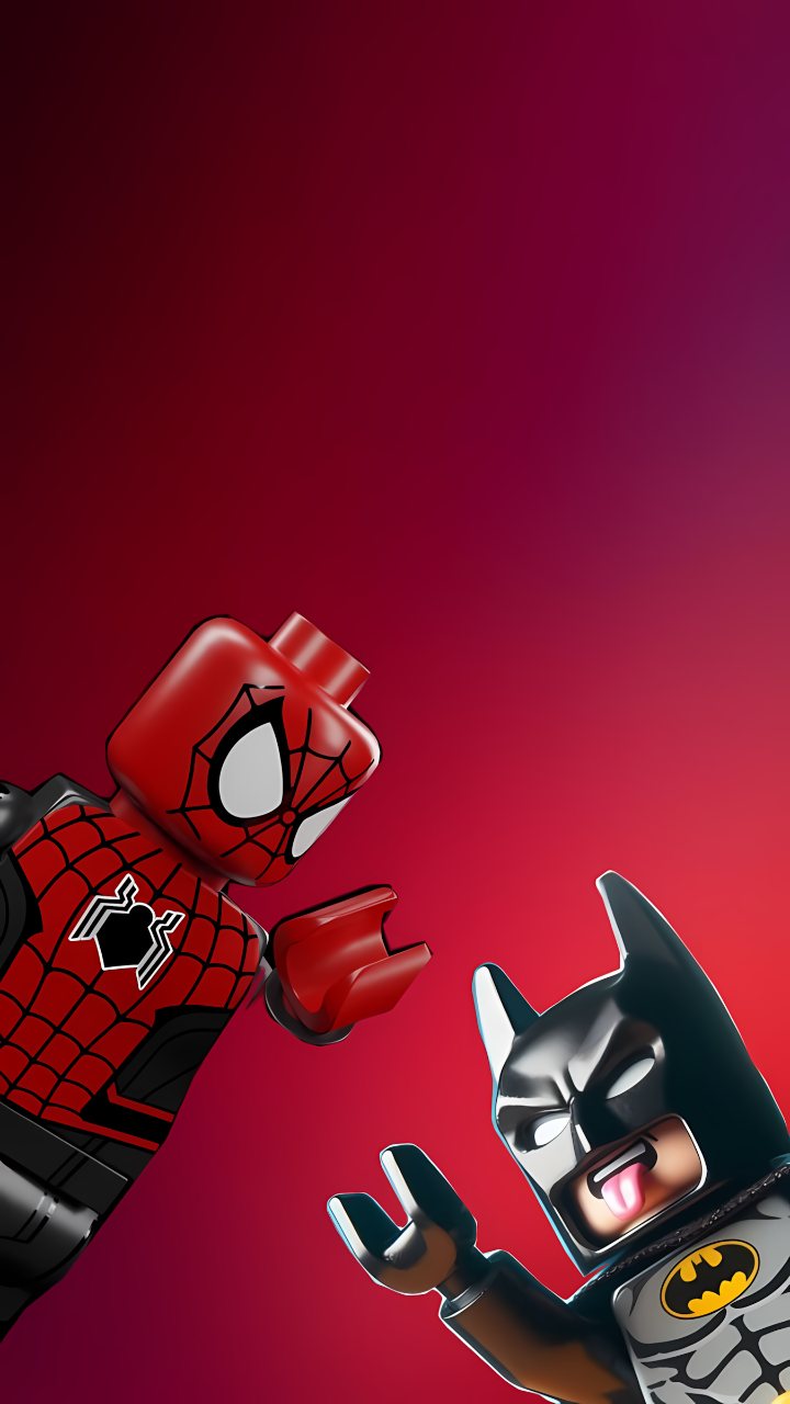 LEGO-style Spider-Man and Batman pose against a vivid red background, with Spider-Man on the left and Batman reaching forward on the right.