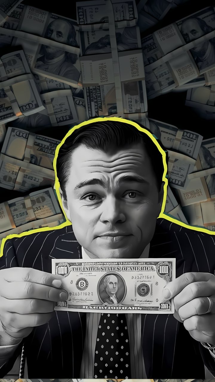 Monochrome portrait of Leonardo DiCaprio in a suit holding a US dollar bill, surrounded by bundled cash and outlined in neon yellow.