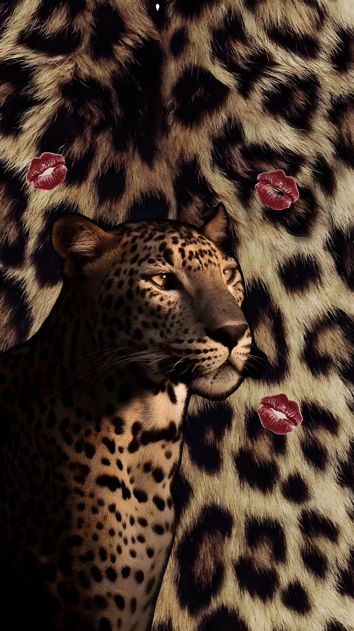A spotted leopard portrait appears over tan and black animal print fur, accented by three dark red kiss marks.
