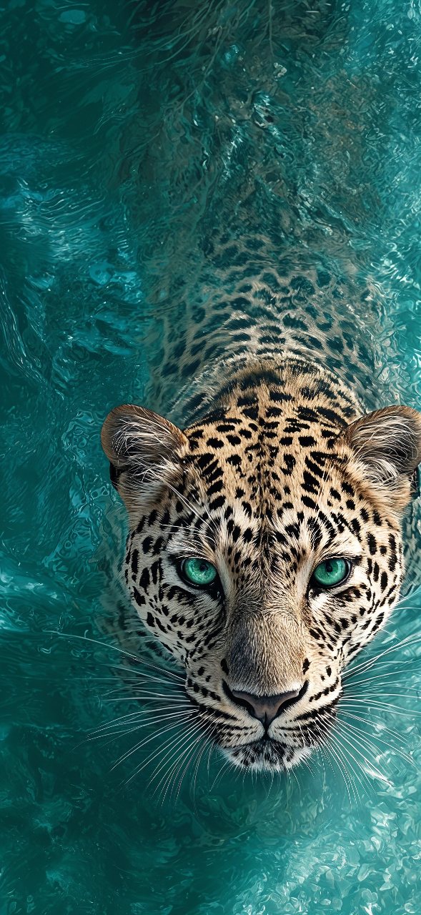 A leopard with vivid emerald eyes looks forward through rippling turquoise water.