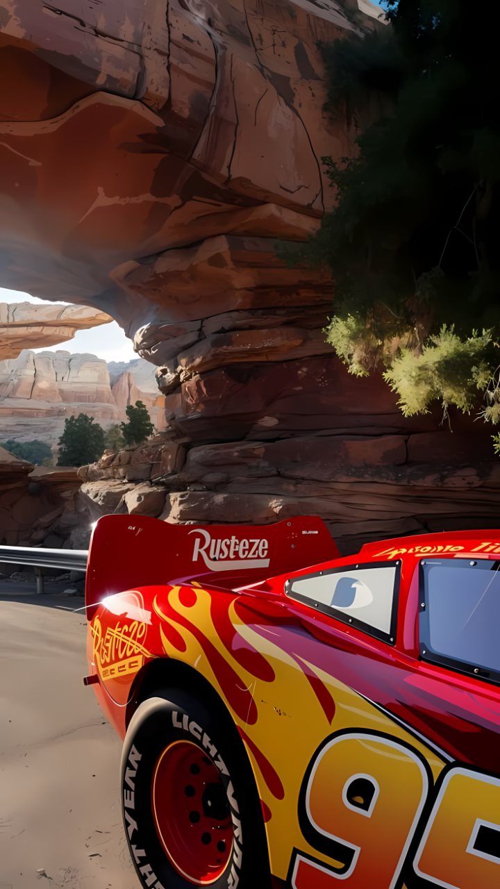 Red and yellow Lightning McQueen race car beneath towering red desert cliffs and greenery.