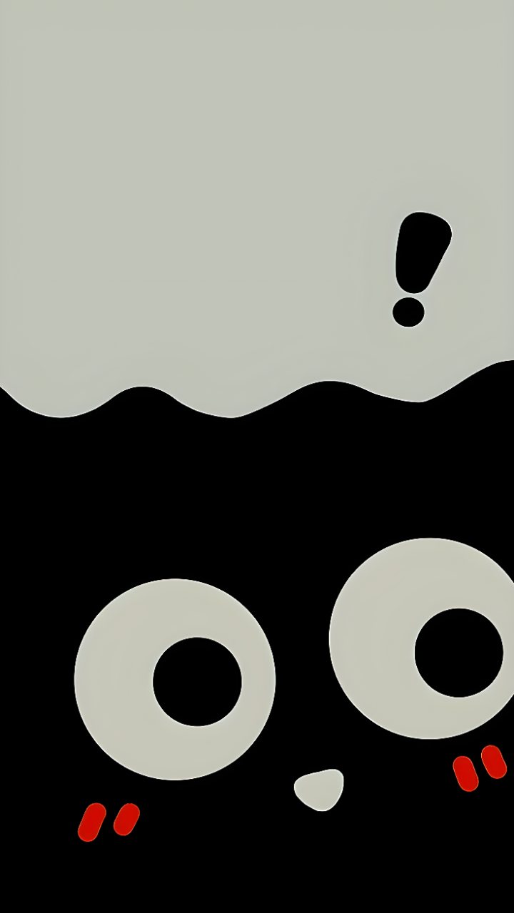 Minimalist abstract face on a black background with soft gray shapes, two circular eyes, an exclamation mark, and small red accents.