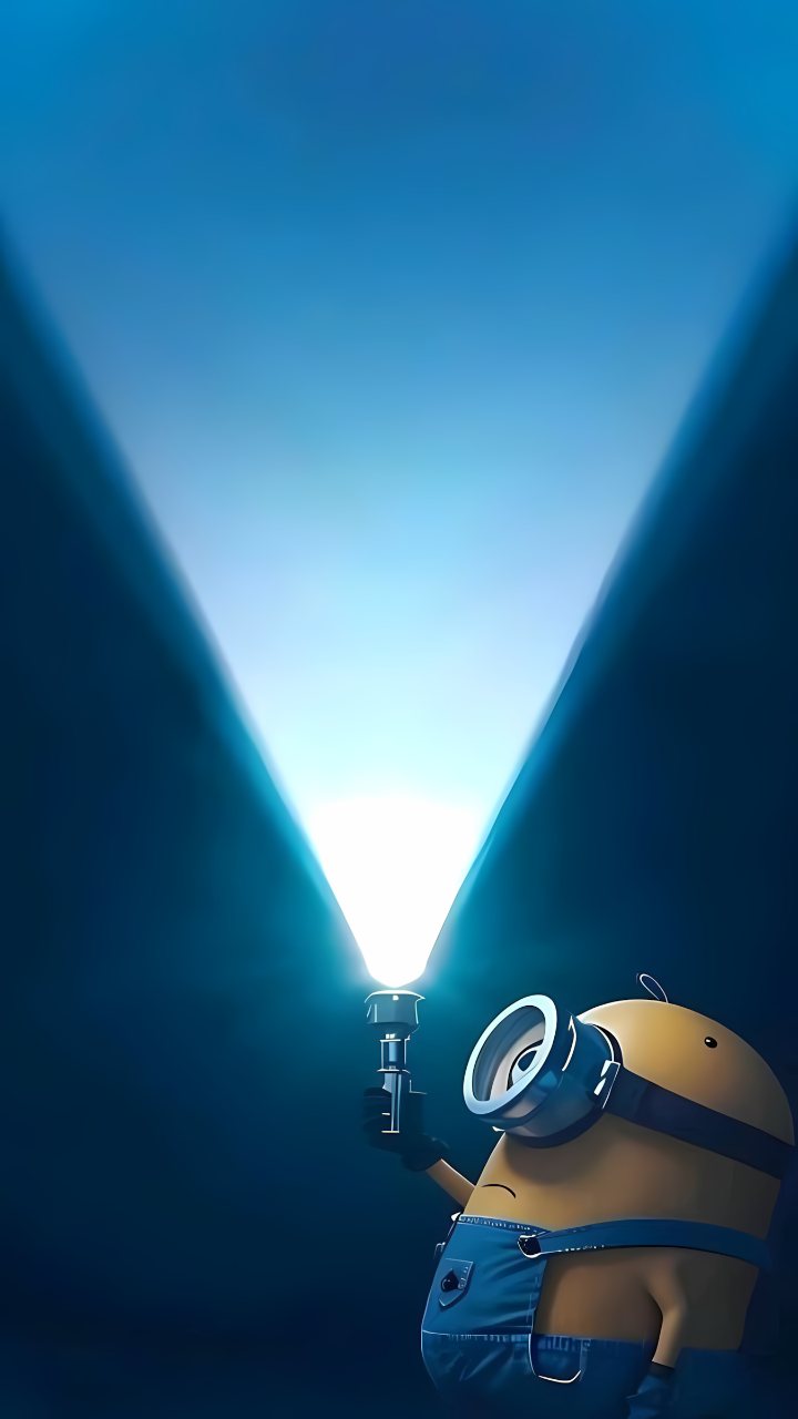 A Minion in blue overalls shines a flashlight upward into a dark blue space, creating a bright triangular beam of light.