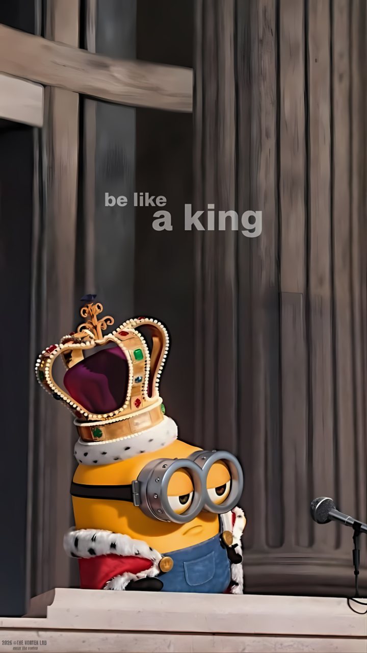 A Minion wearing a jeweled crown and royal cape stands beside a microphone under the text “be like a king.”