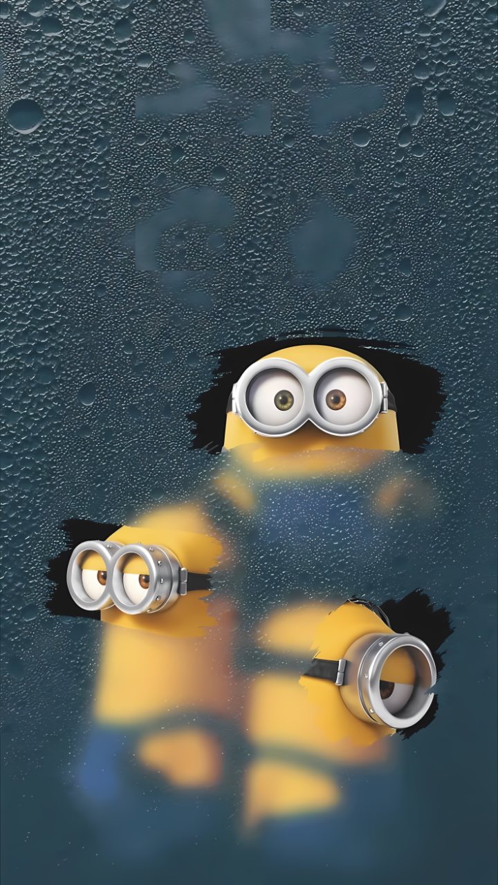 Three yellow Minions with silver goggles peek through dark blue water, surrounded by glowing reflections and textured droplets.