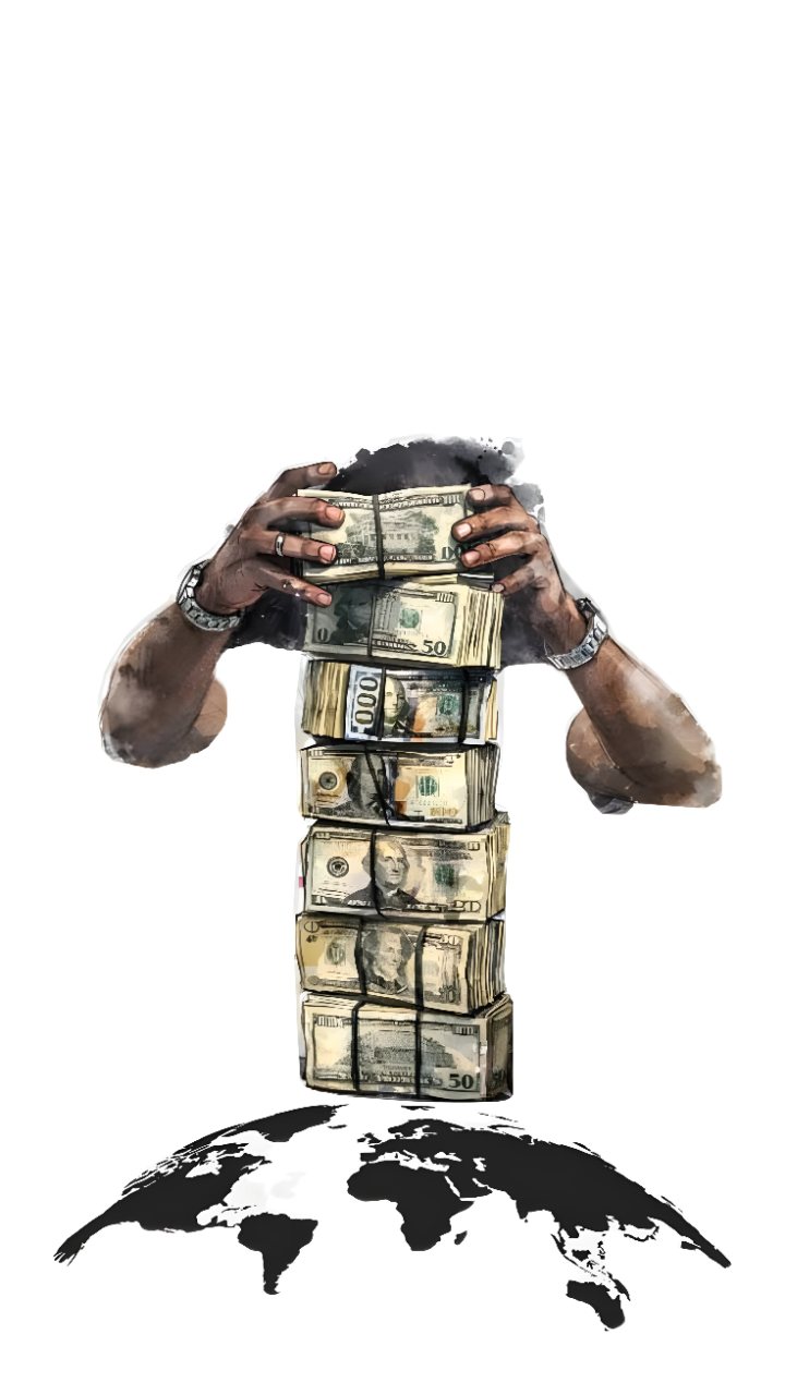Illustration of hands holding stacked dollar bills above a black and white world map on a plain white background.