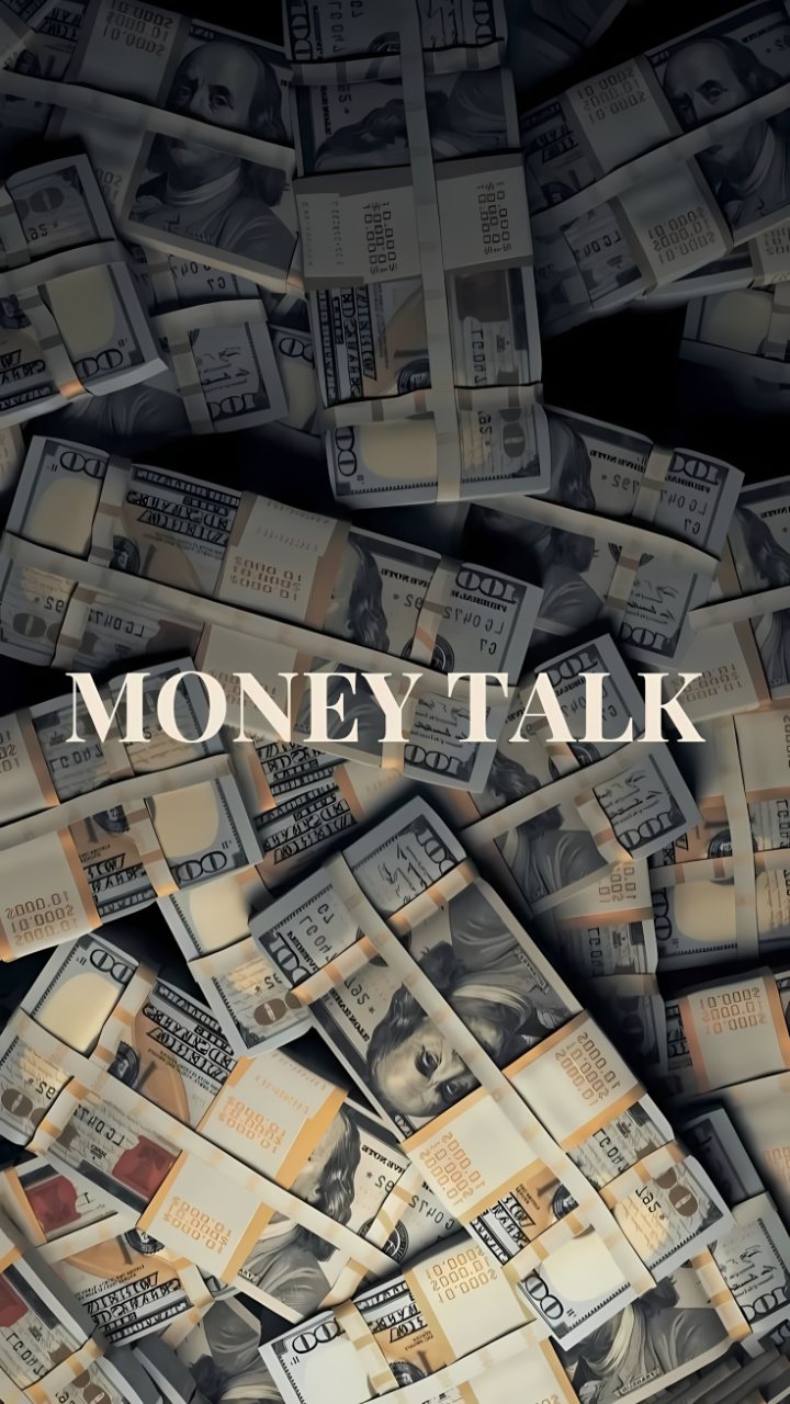 Dark phone wallpaper filled with bundled hundred-dollar bills and large cream-colored Money Talk lettering across the center.