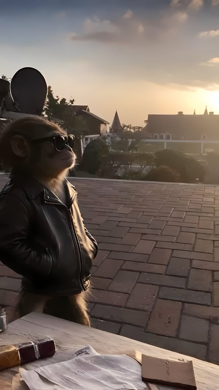A monkey wearing sunglasses and a black leather jacket stands on a rooftop at sunset, with village buildings and warm golden light behind it.