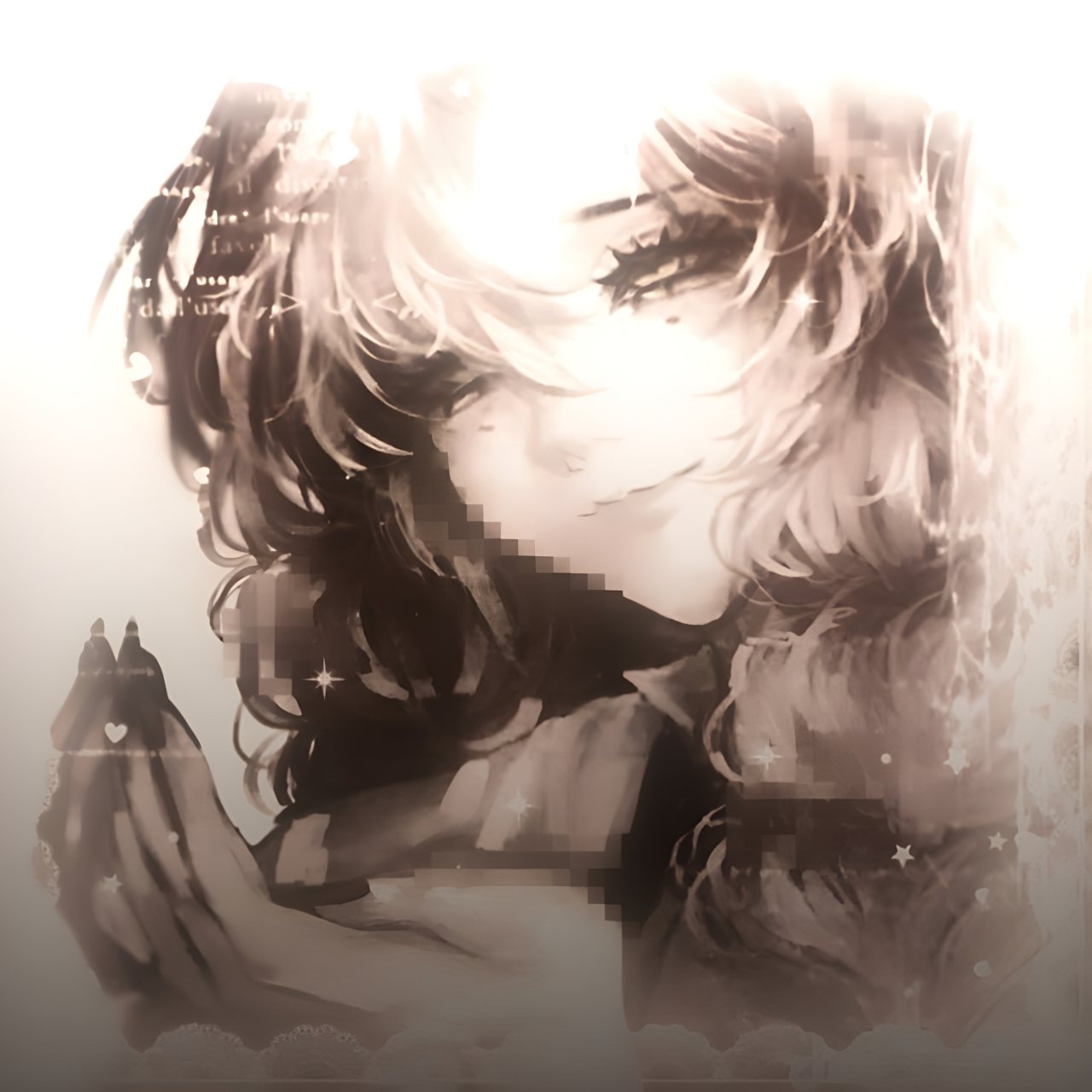 Monochrome anime girl with flowing hair, glowing highlights, soft shadows, and small star-shaped details in a dreamy square portrait.