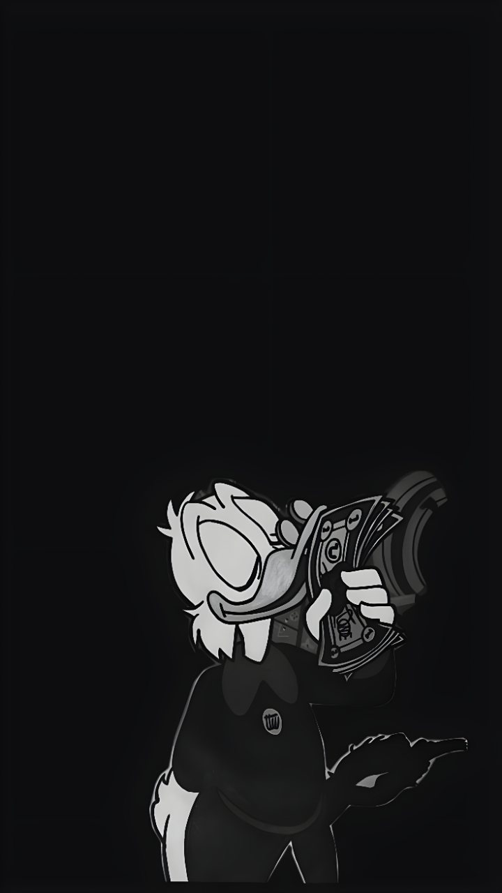 Monochrome cartoon duck holding a turntable near the lower center of a nearly black phone wallpaper.