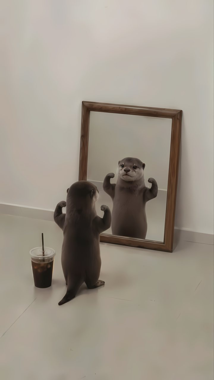 An otter flexes at its reflection in a wooden-framed mirror beside an iced drink on a light floor.