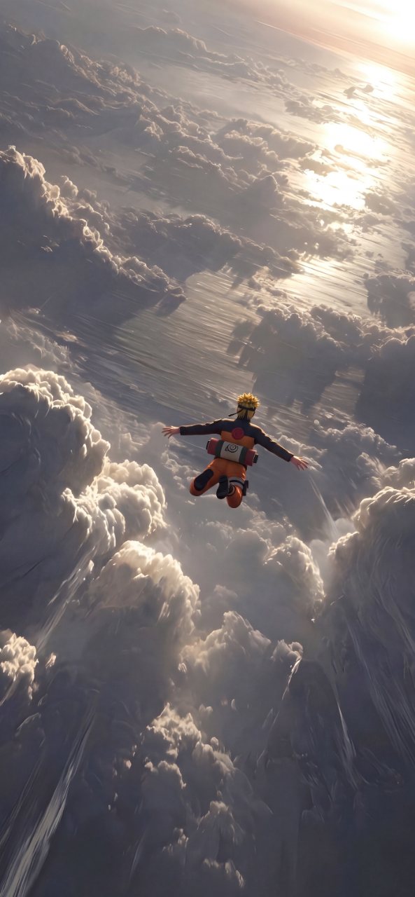 Naruto falls through a vast glowing cloudscape, viewed from behind with sunlight breaking through the clouds above.