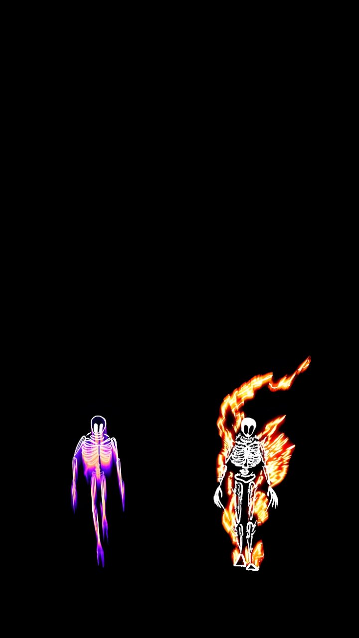 Two glowing skeleton figures stand near the bottom of a black phone wallpaper, with purple lighting on the left and orange flames around the right figure.